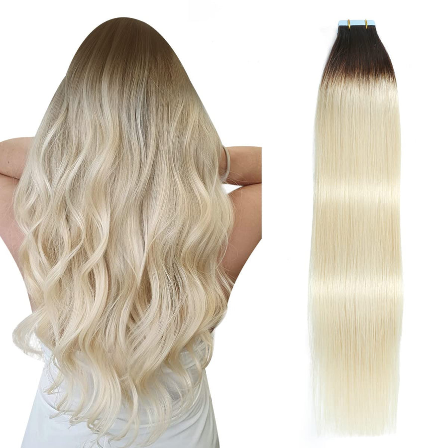 Darkest Brown to Platinum Blonde Ombre (#T2/60) Tape-In Hair Extensions | 20Pcs