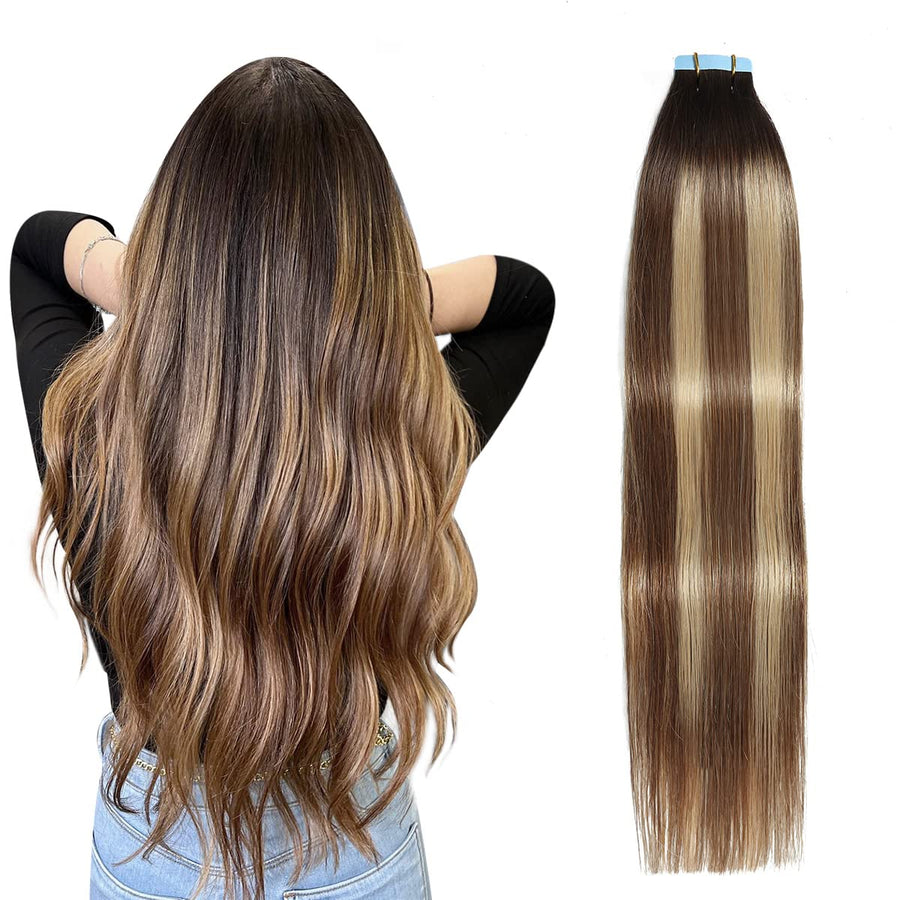 Darkest Brown / Chestnut Brown / Light Blonde Balayage (#P6/16/T2) Tape-In Hair Extensions | 20Pcs