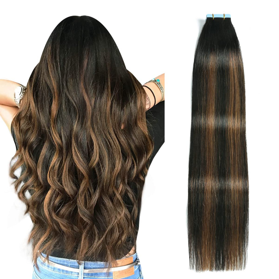 Natural Black / Chestnut Brown Balayage (#P1B/6/T1B) Tape-In Hair Extensions | 20Pcs