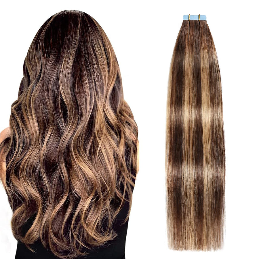 Chocolate Brown / Caramel Blonde Balayage (#P4/27/T4) Tape-In Hair Extensions | 20Pcs