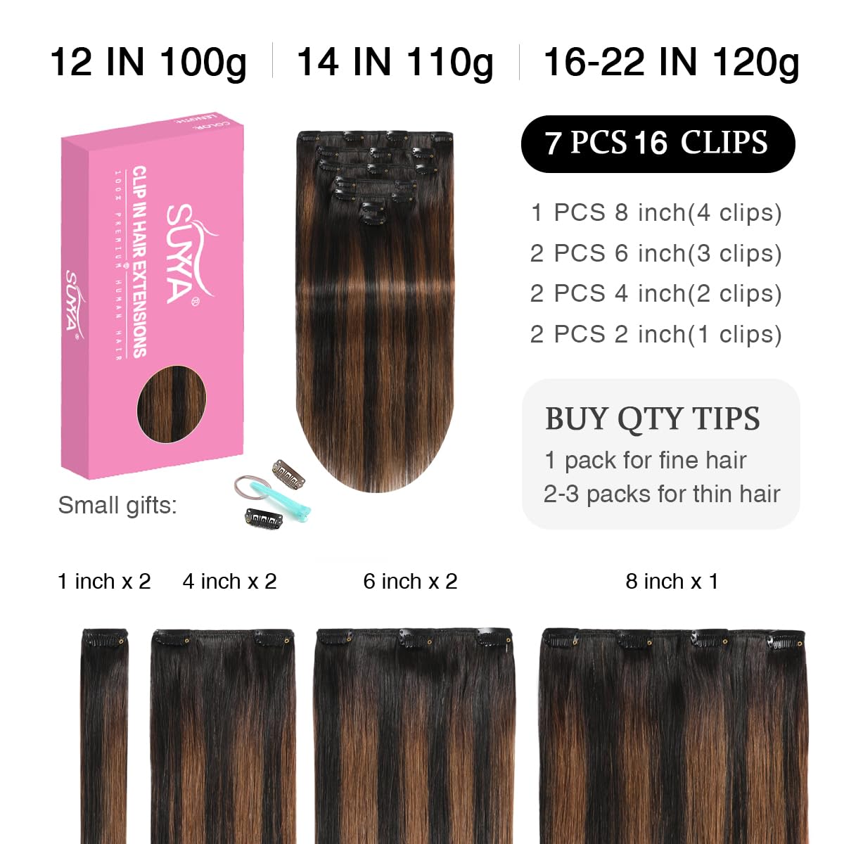 Natural Black / Chestnut Brown Balayage (#P1B/6/T1B) Clip In Hair Extensions
