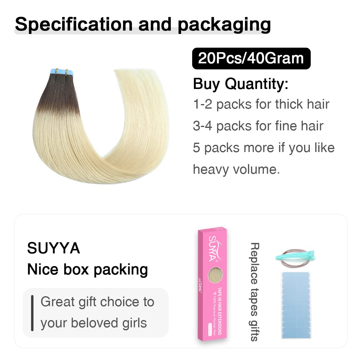 Darkest Brown to Platinum Blonde Ombre (#T2/60) Tape-In Hair Extensions | 20Pcs