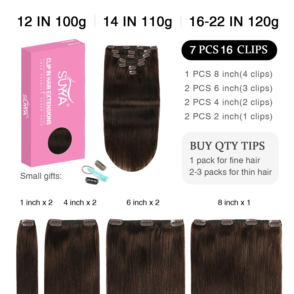 Darkest Brown (#2) Clip In Hair Extensions