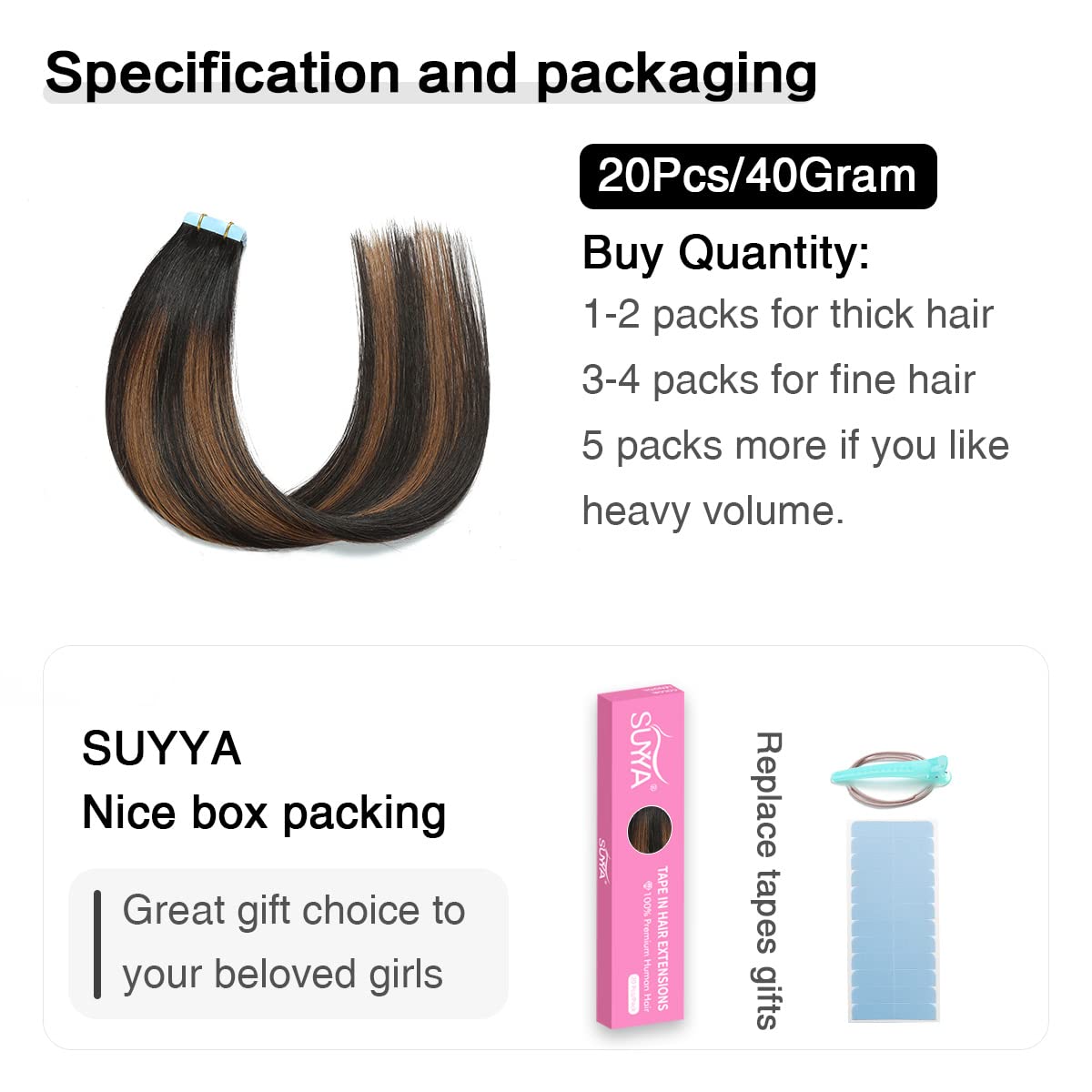 Natural Black / Chestnut Brown Balayage (#P1B/6/T1B) Tape-In Hair Extensions | 20Pcs