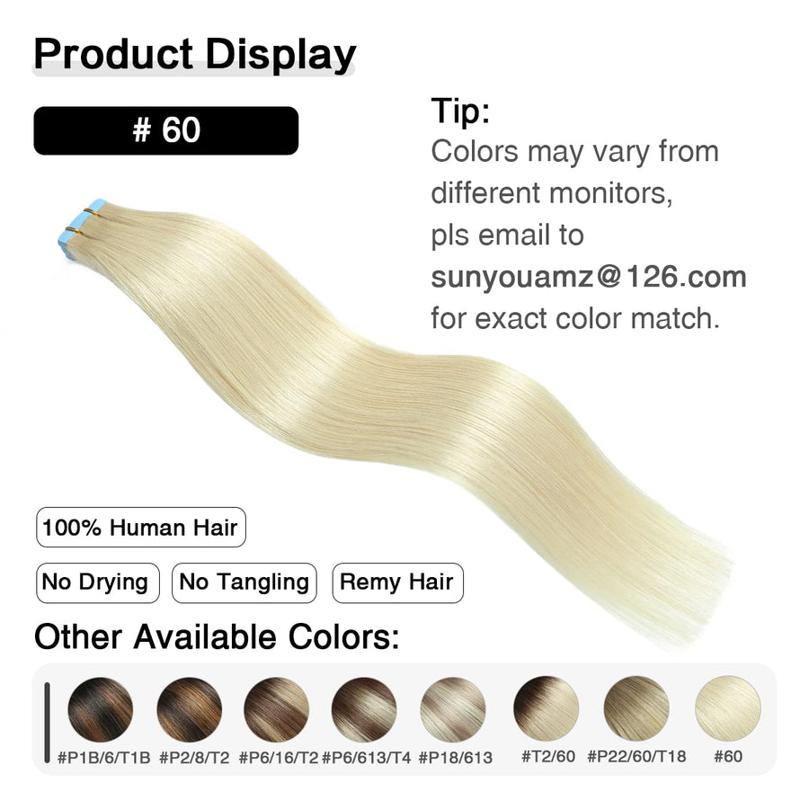 Platinum Blonde (#60) Tape-In Hair Extensions | 20Pcs