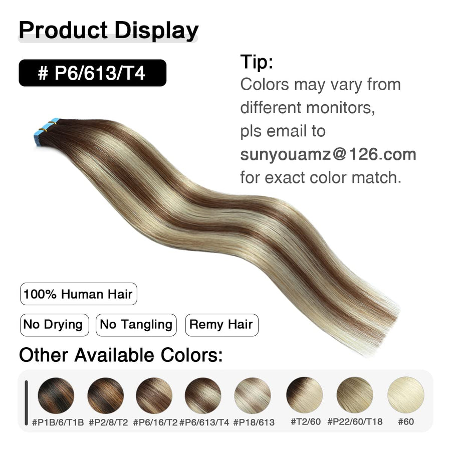Chocolate Brown / Bleach Blonde / Chestnut Brown Balayage (#P6/613/T4) Tape-In Hair Extensions | 20Pcs