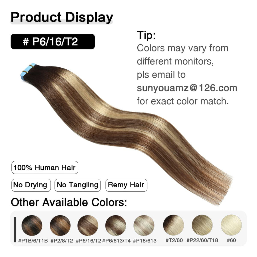 Darkest Brown / Chestnut Brown / Light Blonde Balayage (#P6/16/T2) Tape-In Hair Extensions | 20Pcs