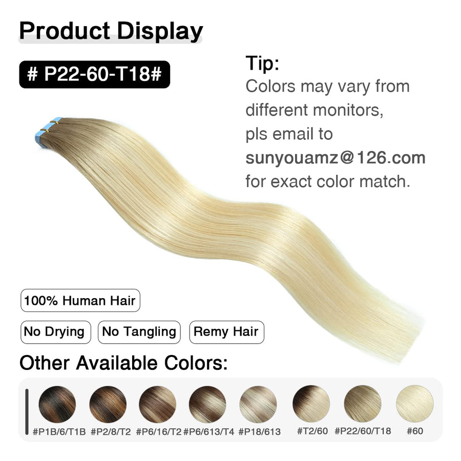 Ash Blonde / Medium Blonde / Platinum Blonde Balayage (#P22/60/T18) Tape-In Hair Extensions | 20Pcs