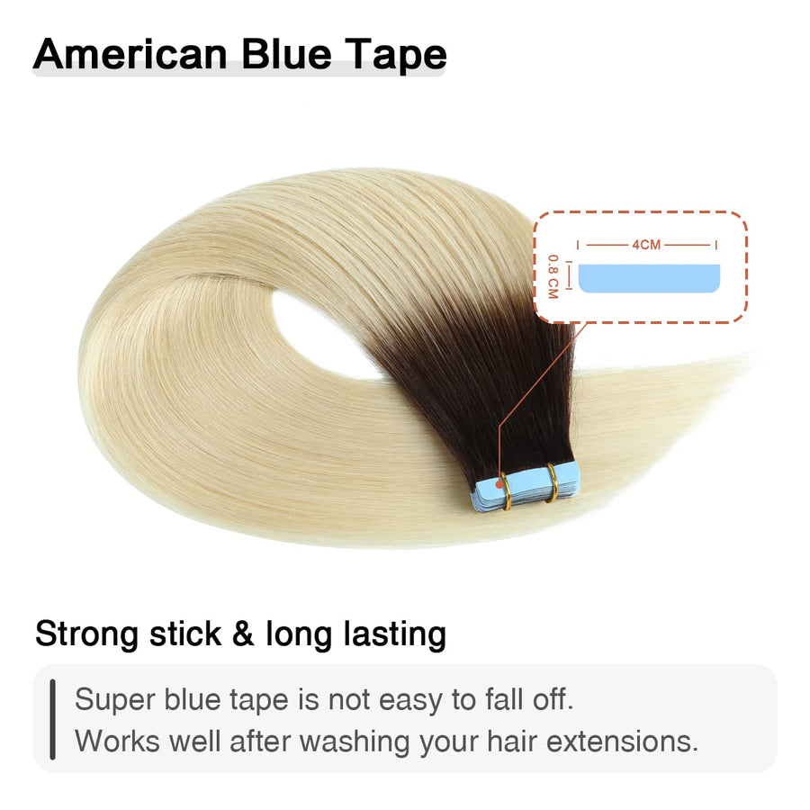 Darkest Brown to Platinum Blonde Ombre (#T2/60) Tape-In Hair Extensions | 20Pcs