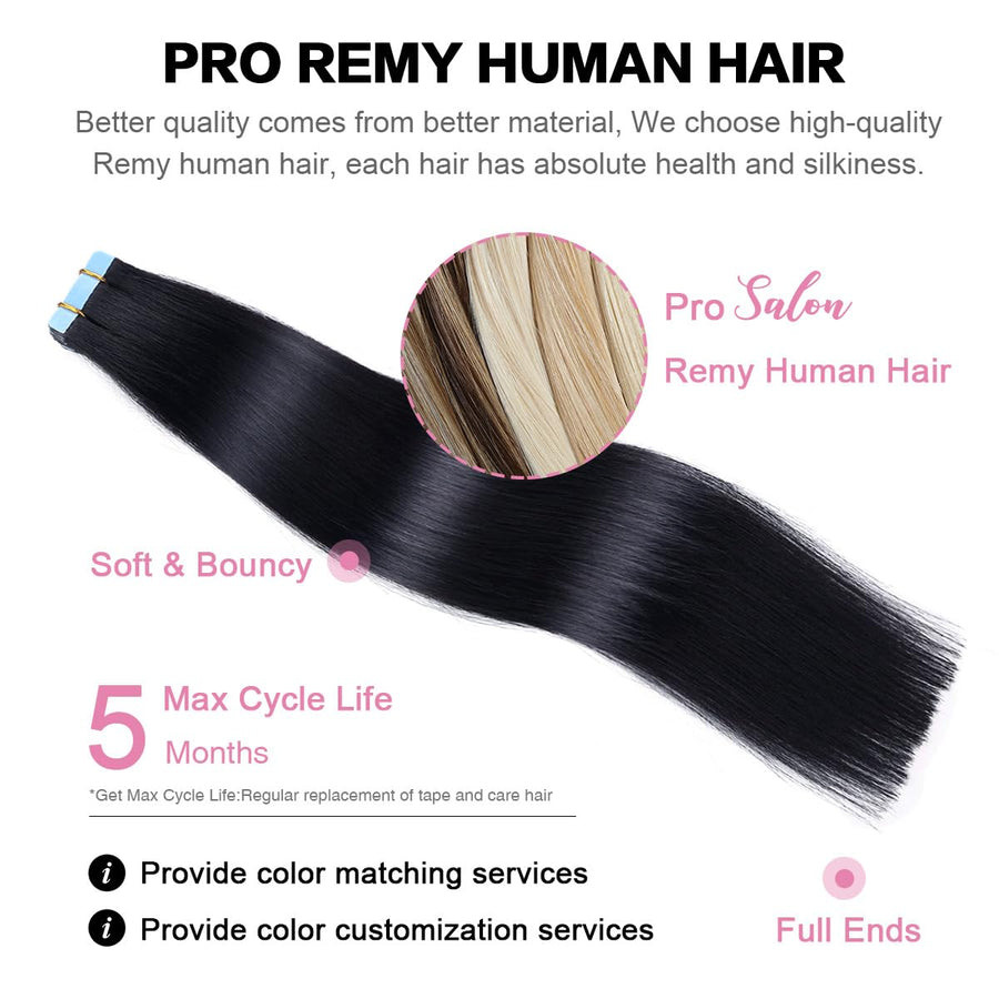 Jet Black (#1) Tape-In Hair Extensions | 20Pcs