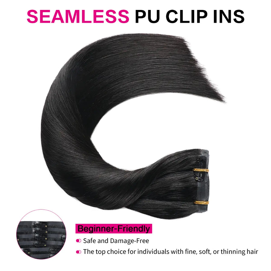 Suyya Human Hair Seamless Clip In Hair Extensions 8Pcs Jet Black (#1)