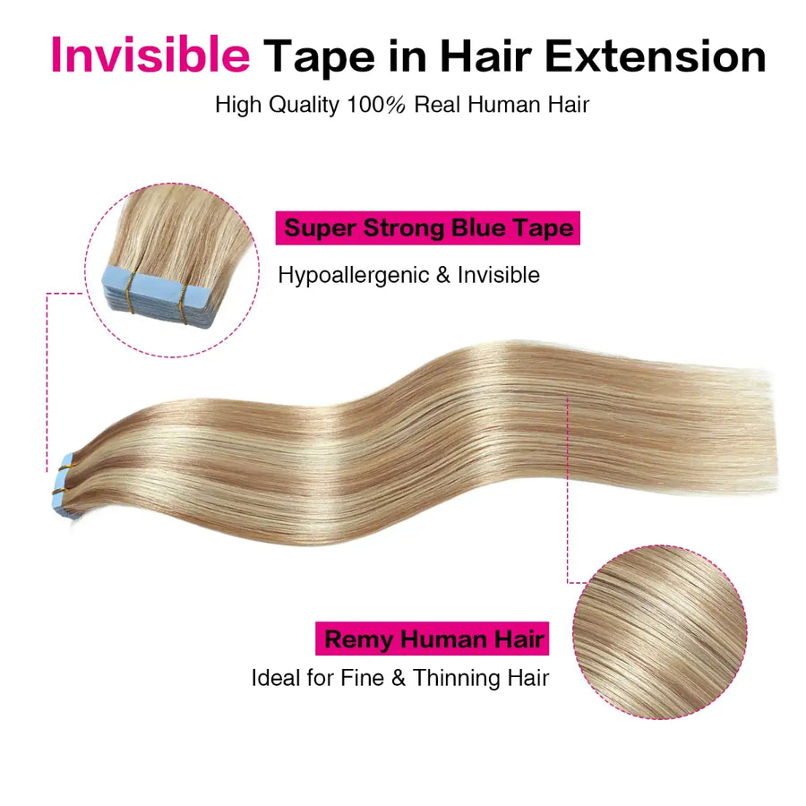 SUYYA Invisible Tape ins (#P18/613) Ash Blonde / Bleach Blonde Balayage Hair Extensions