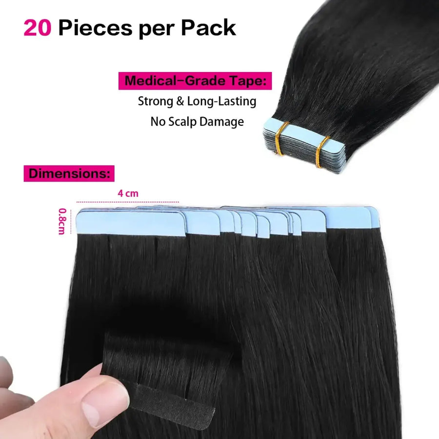 SUYYA 100% Real Remy Human Hair Jet Black (#1) Tape-In Hair Extensions | 20Pcs