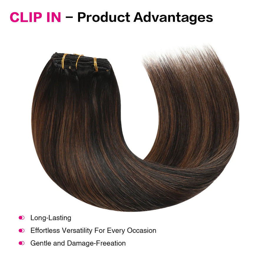 Natural Black / Chestnut Brown Balayage (#P1B/6/T1B) Clip In Hair Extensions