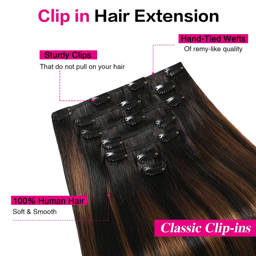 Natural Black / Chestnut Brown Balayage (#P1B/6/T1B) Clip In Hair Extensions