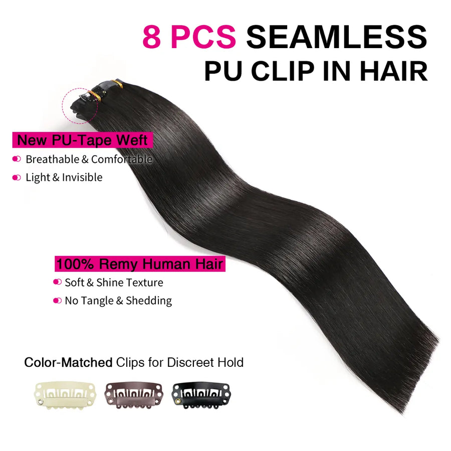 Suyya Seamless Clip In Hair Extensions 8Pcs Natural Black (#1B)