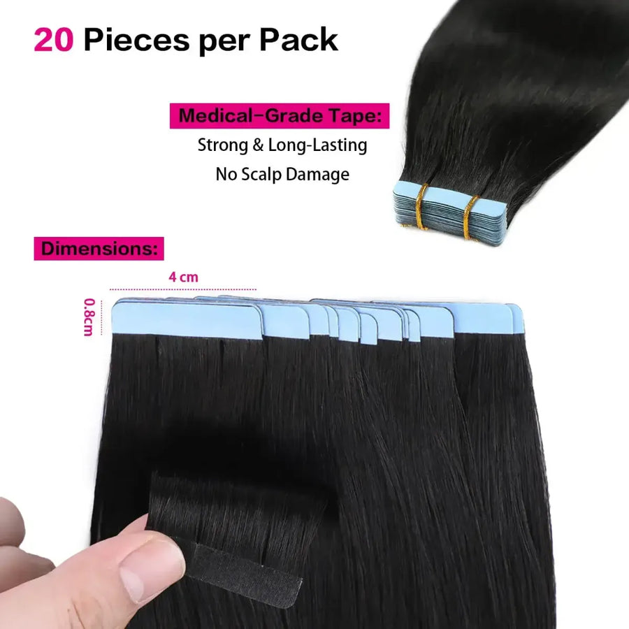 SUYYA Natural Black (#1B) Tape-In Hair Extensions | 20Pcs