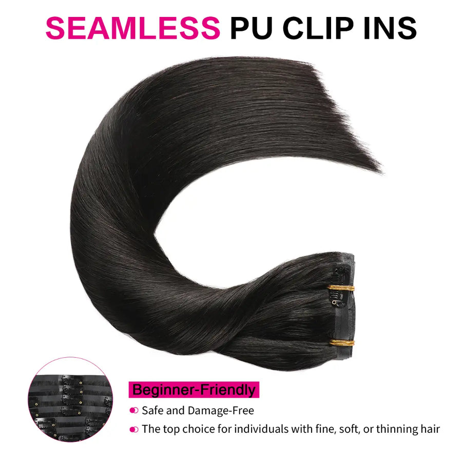 Suyya Seamless Clip In Hair Extensions 8Pcs Natural Black (#1B)