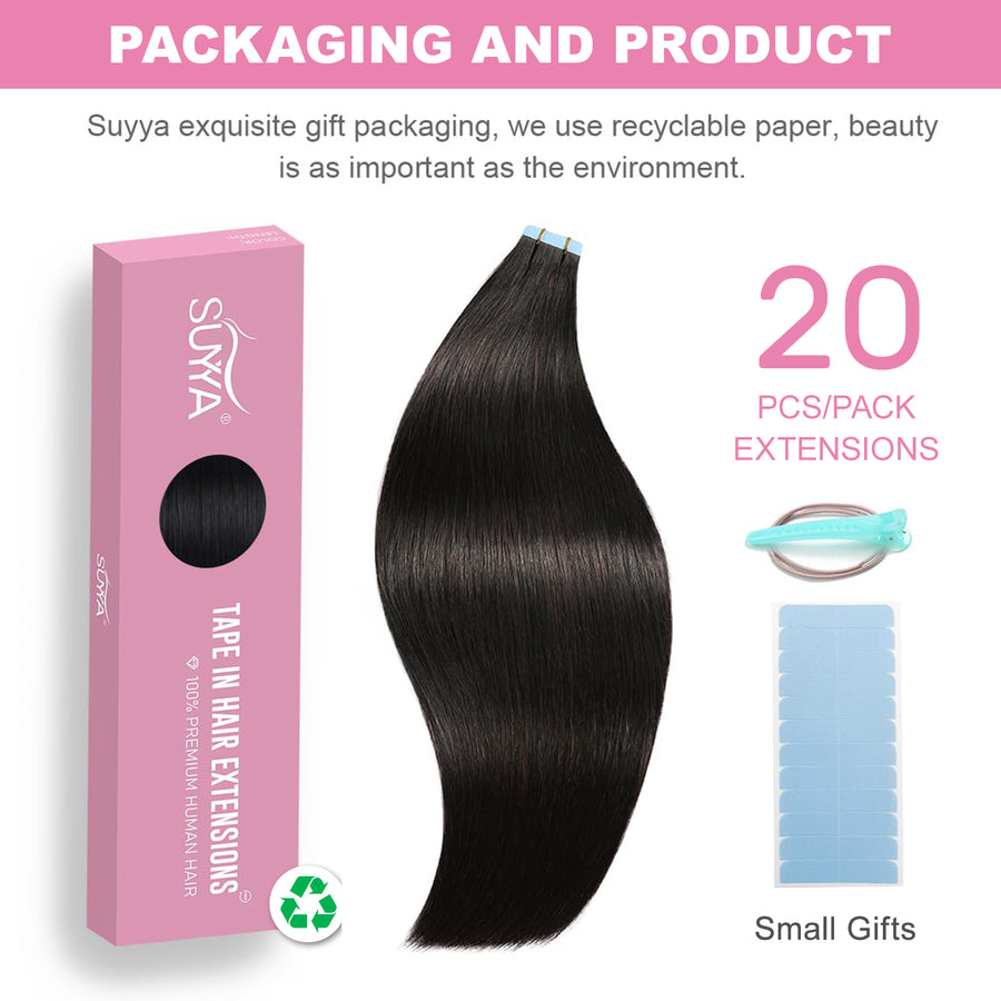Natural Black (#1B) Tape-In Hair Extensions | 20Pcs