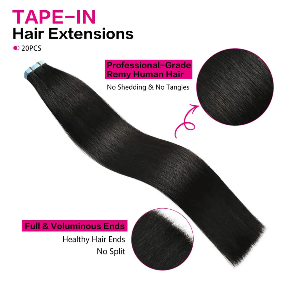 SUYYA Natural Black (#1B) Tape-In Hair Extensions | 20Pcs