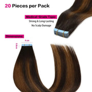 SUYYA Remy Human Tape-In Hair Extensions Balayage Darkest Brown  Light Brown (#P2/8/T2) 20Pcs