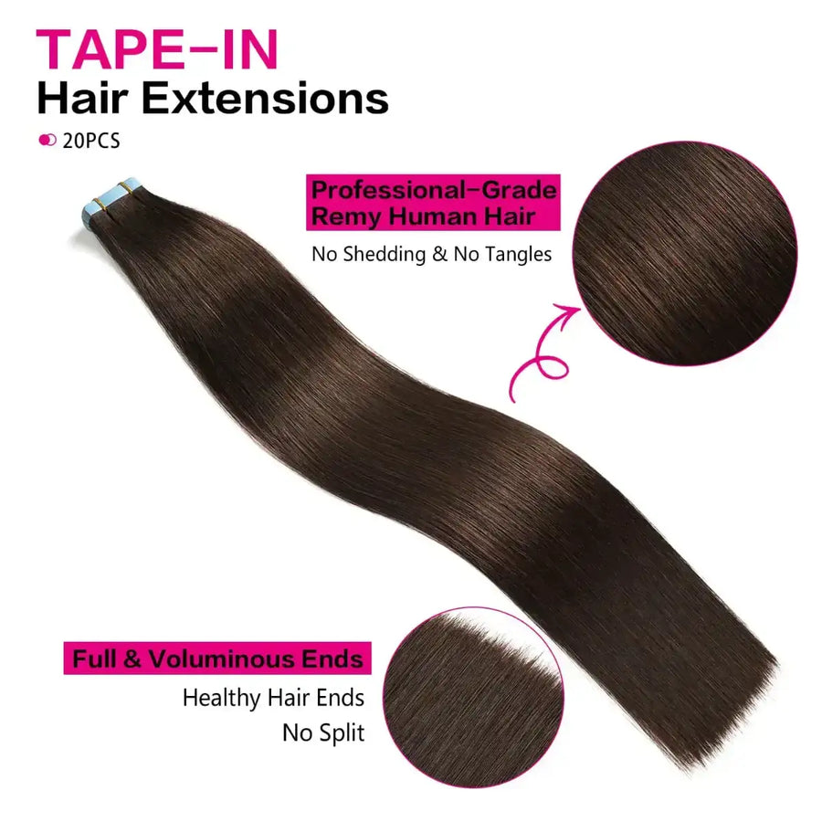 Suyya Hair Darkest Brown (#2) Tape-In Hair Extensions | 20Pcs