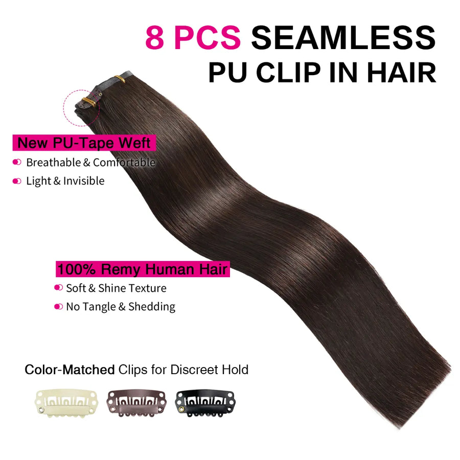 Suyya Remy Human 8Pcs Seamless Darkest Brown (#2) Clip In Hair Extensions
