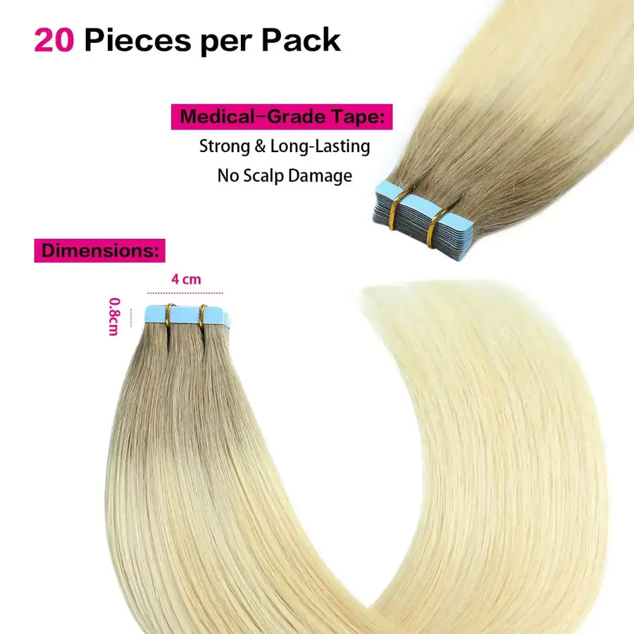 SUYYA Ash Blonde / Medium Blonde / Platinum Blonde Balayage (#P22/60/T18) Tape-In Hair Extensions | 20Pcs
