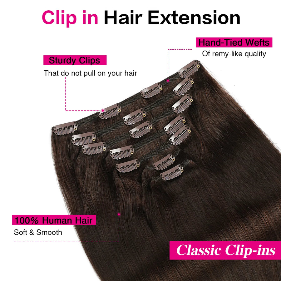 Darkest Brown (#2) Clip In Hair Extensions Suyya Human Hair