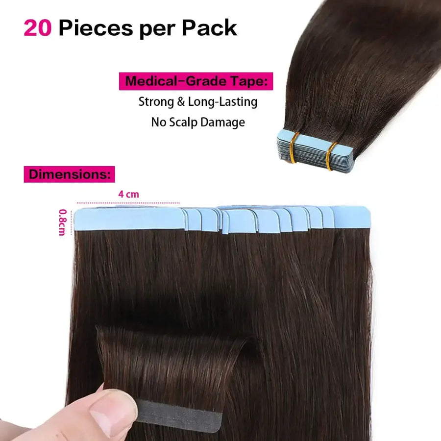 Suyya Hair Darkest Brown (#2) Tape-In Hair Extensions | 20Pcs