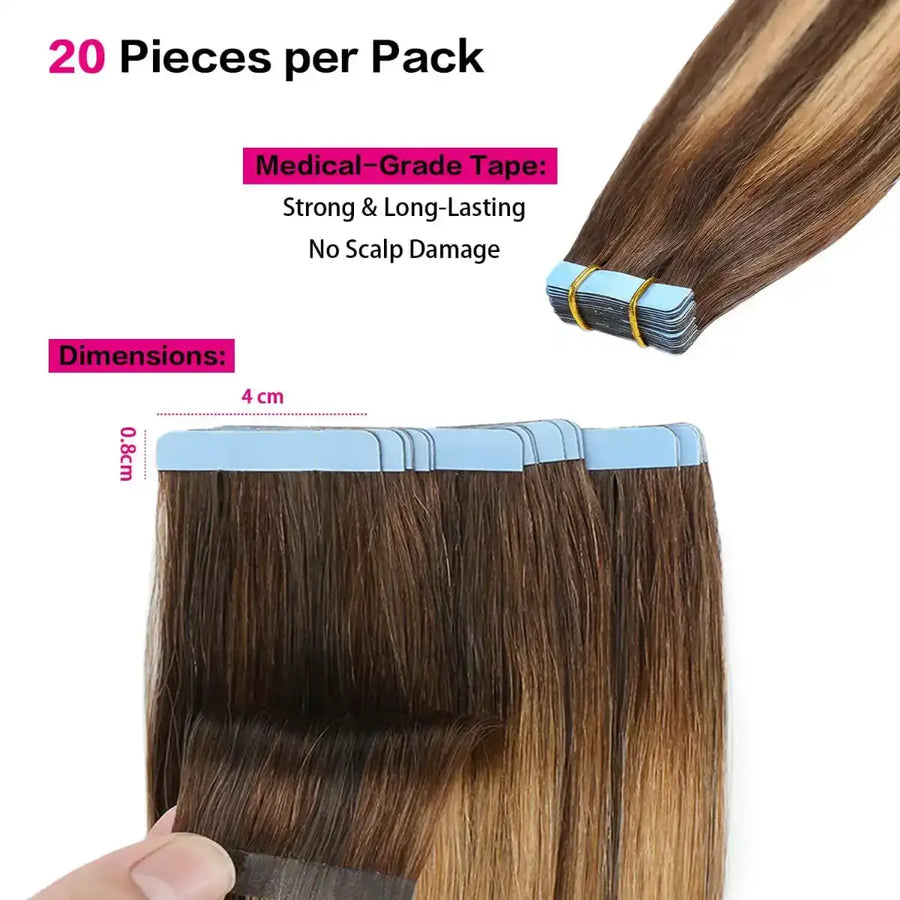 Suyya Hair  Chocolate Brown / Caramel Blonde Balayage (#P4/27/T4) Tape-In Hair Extensions | 20Pcs