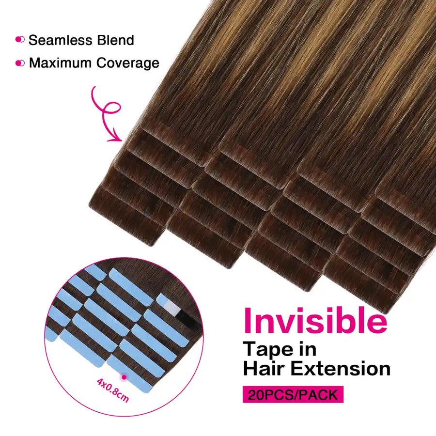 SUYYA Remy Invisible Tape ins (#P4/27/T4) Balayage Chocolate Brown / Caramel Blonde Hair Extensions 20Pcs