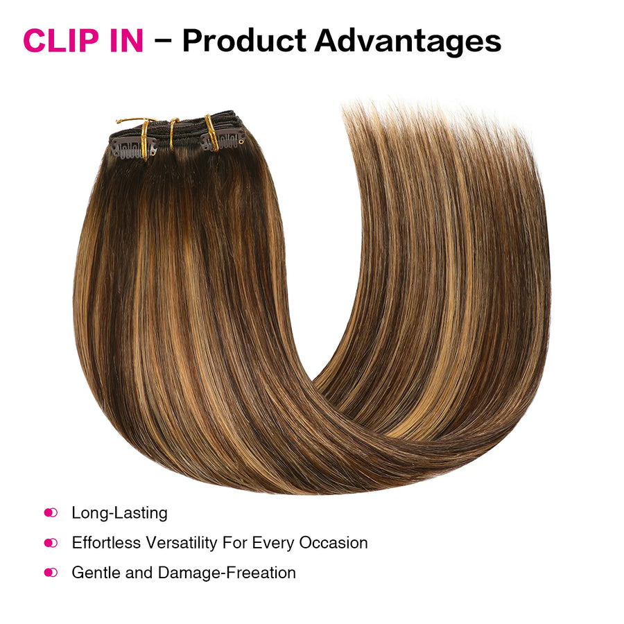 Chocolate Brown / Caramel Blonde Balayage (#P4/27/T4) Suyya Human Clip In Hair Extensions