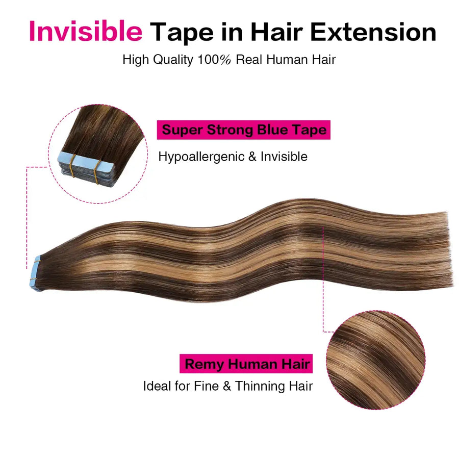 SUYYA Remy Invisible Tape ins (#P4/27/T4) Balayage Chocolate Brown / Caramel Blonde Hair Extensions 20Pcs