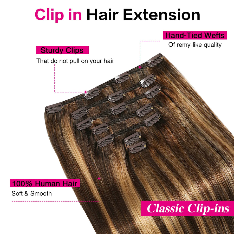 Chocolate Brown / Caramel Blonde Balayage (#P4/27/T4) Suyya Human Clip In Hair Extensions