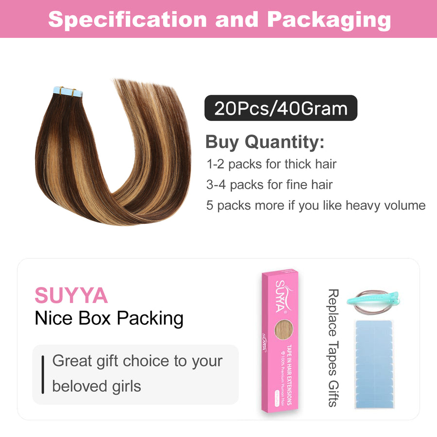 Chocolate Brown / Caramel Blonde Balayage (#P4/27/T4) Tape-In Hair Extensions | 20Pcs