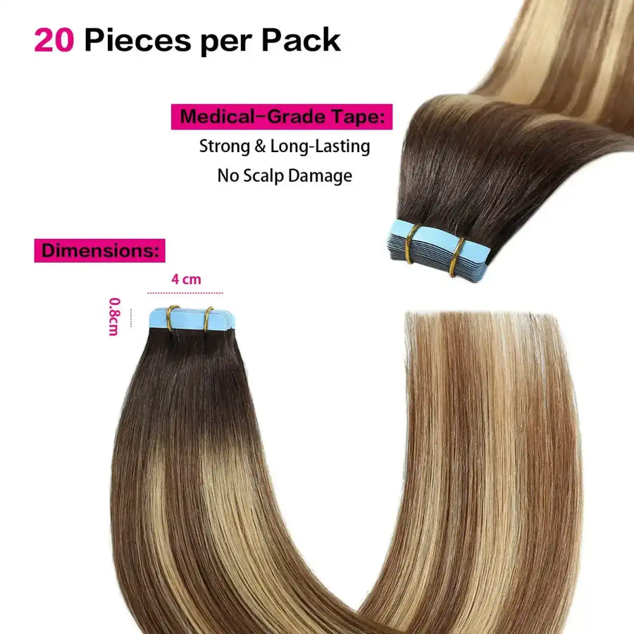 SUYYA Darkest Brown / Chestnut Brown / Light Blonde Balayage (#P6/16/T2) Tape-In Hair Extensions | 20Pcs