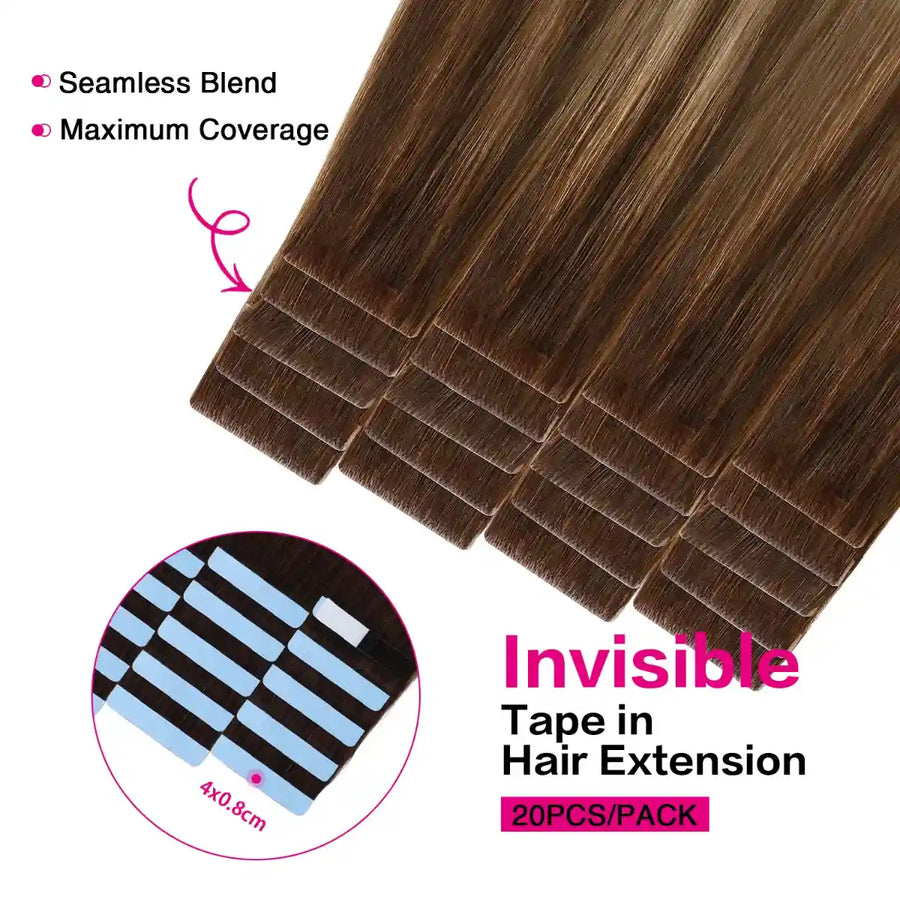 SUYYA Human Invisible Tape ins (#P6/613/T4) Balayage Chocolate Brown / Bleach Blonde / Chestnut Brown Hair Extensions 20Pcs