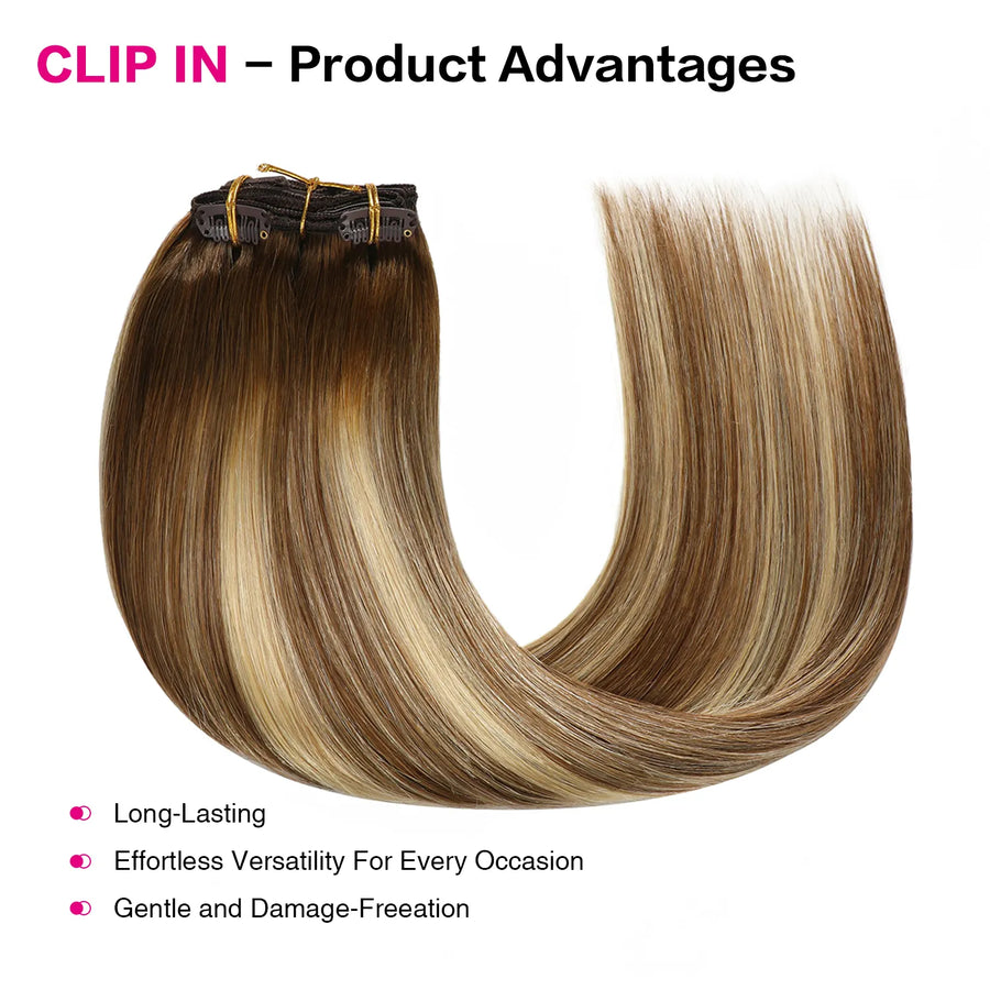 Suyya Human Clip In (#P6/613/T4) Chocolate Brown / Bleach Blonde / Chestnut Brown Balayage Hair Extensions