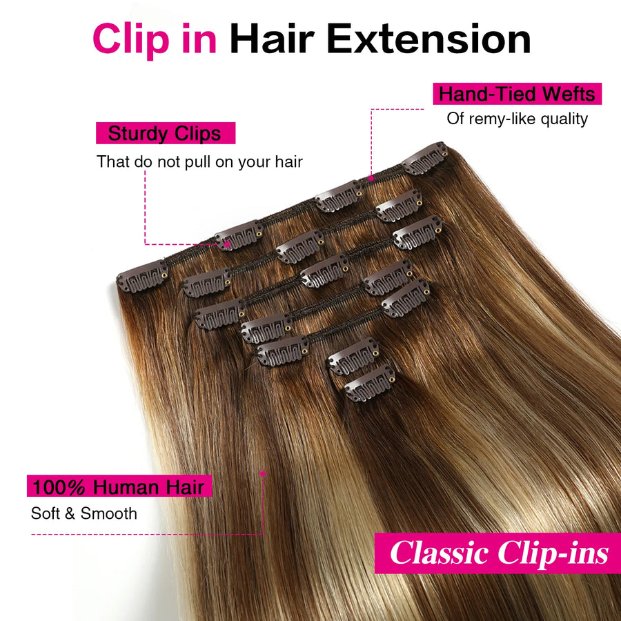Suyya Human Clip In (#P6/613/T4) Chocolate Brown / Bleach Blonde / Chestnut Brown Balayage Hair Extensions