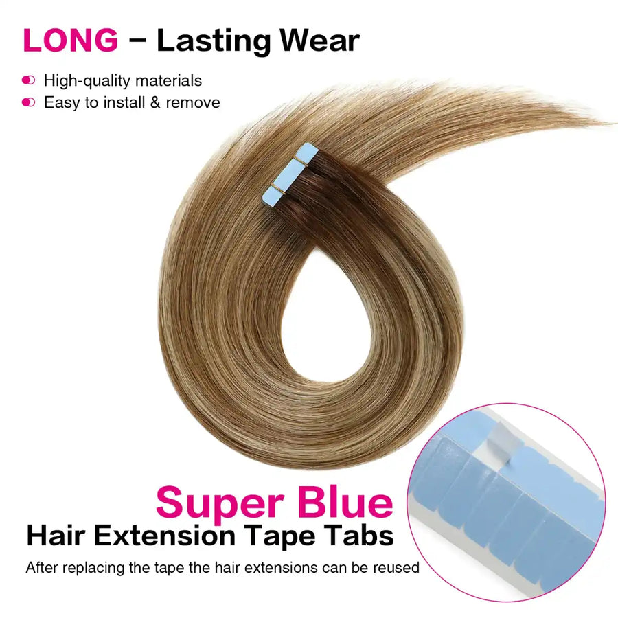 SUYYA Human Invisible Tape ins (#P6/613/T4) Balayage Chocolate Brown / Bleach Blonde / Chestnut Brown Hair Extensions 20Pcs