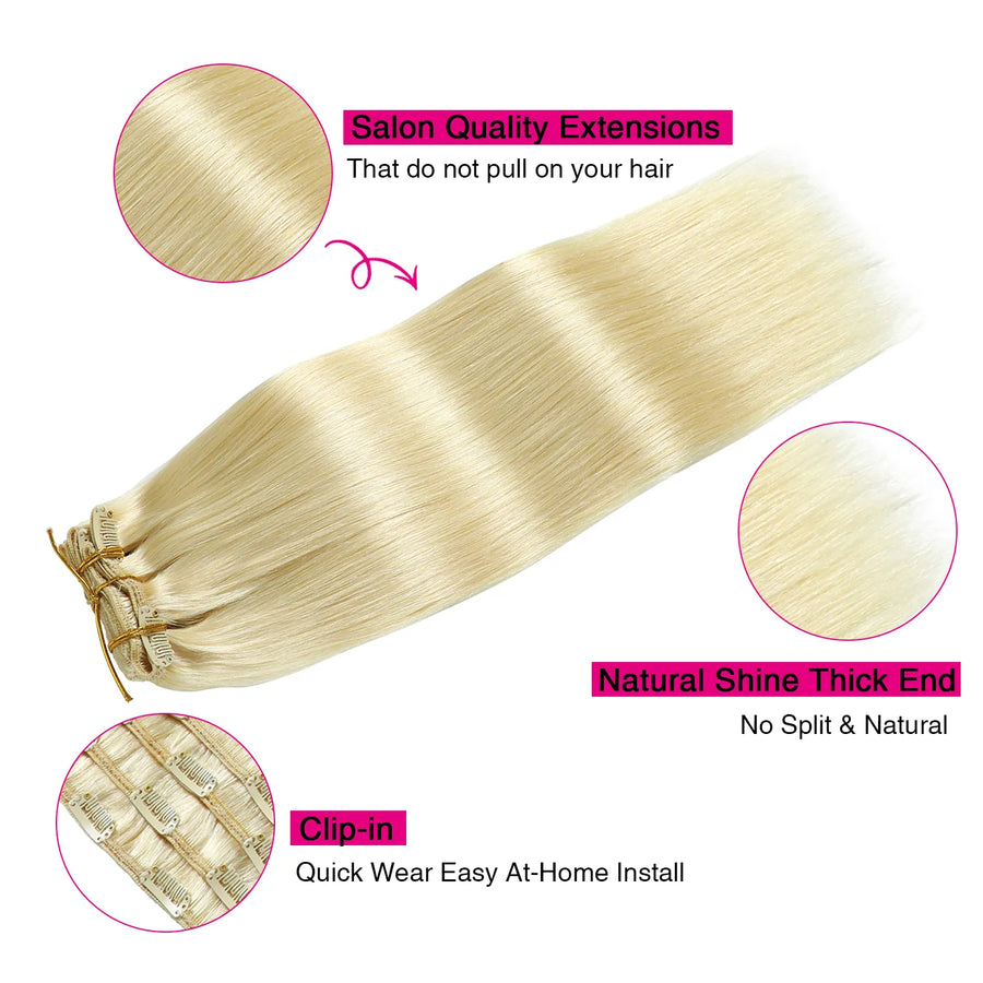 Suyya Hair  Remy Human Hair Platinum Blonde (#60) Clip In Hair Extensions