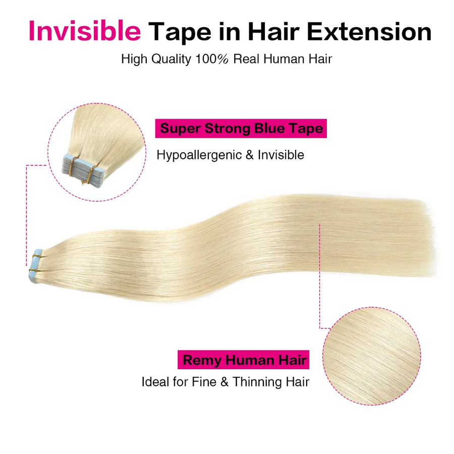SUYYA Invisible Tape ins  (#60) Platinum Blonde Human Hair Extensions 20Pcs
