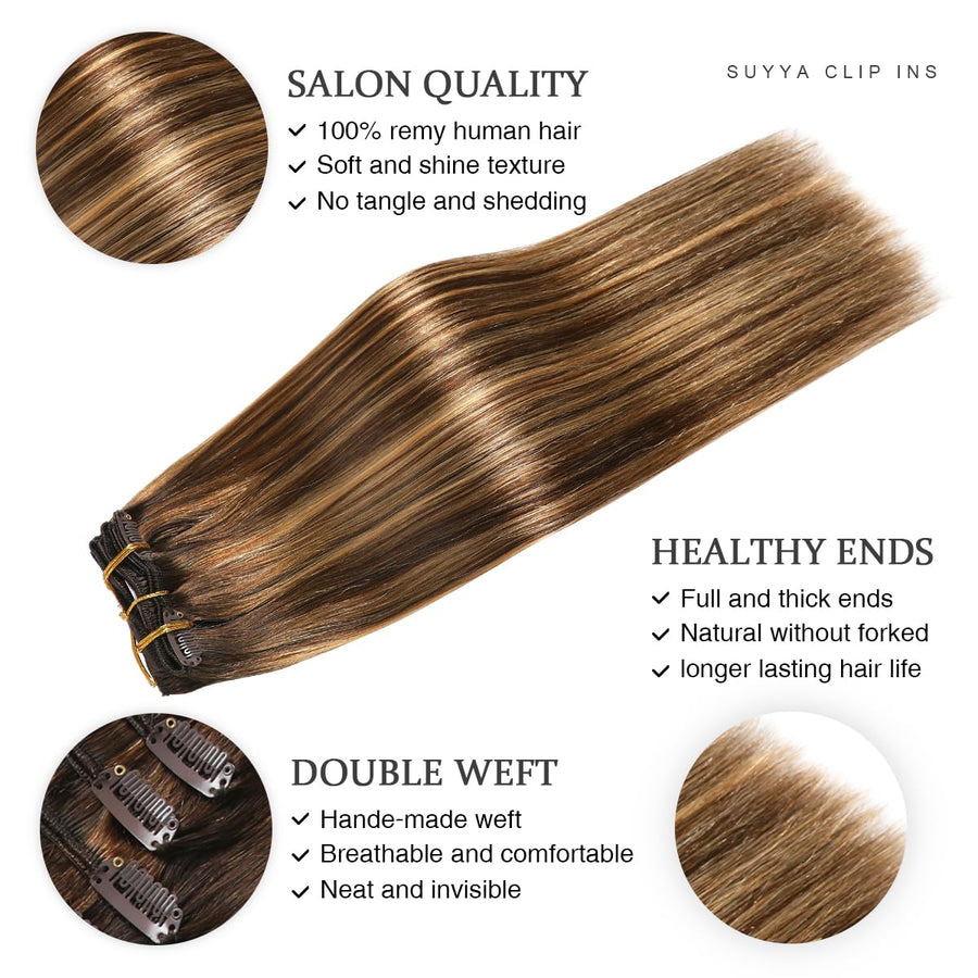 Chocolate Brown / Caramel Blonde Balayage (#P4/27/T4) Clip In Hair Extensions