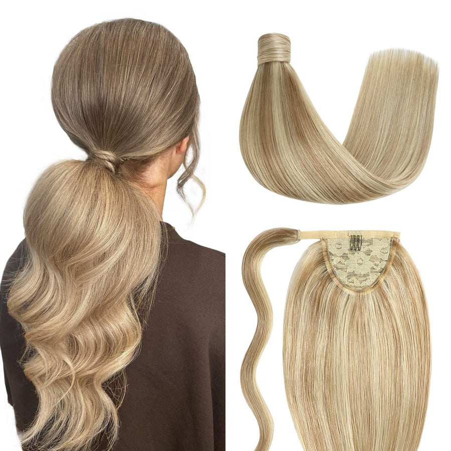 Ash Blonde / Bleach Blonde Balayage (#P18/613) Wrap Around Ponytail Extension