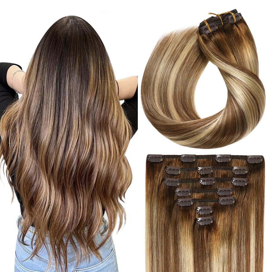 Chocolate Brown / Bleach Blonde / Chestnut Brown Balayage (#P6/613/T4) Clip In Hair Extensions
