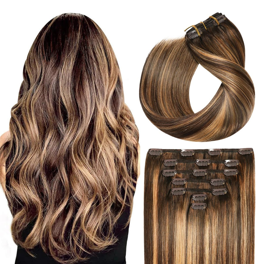 Chocolate Brown / Caramel Blonde Balayage (#P4/27/T4) Clip In Hair Extensions