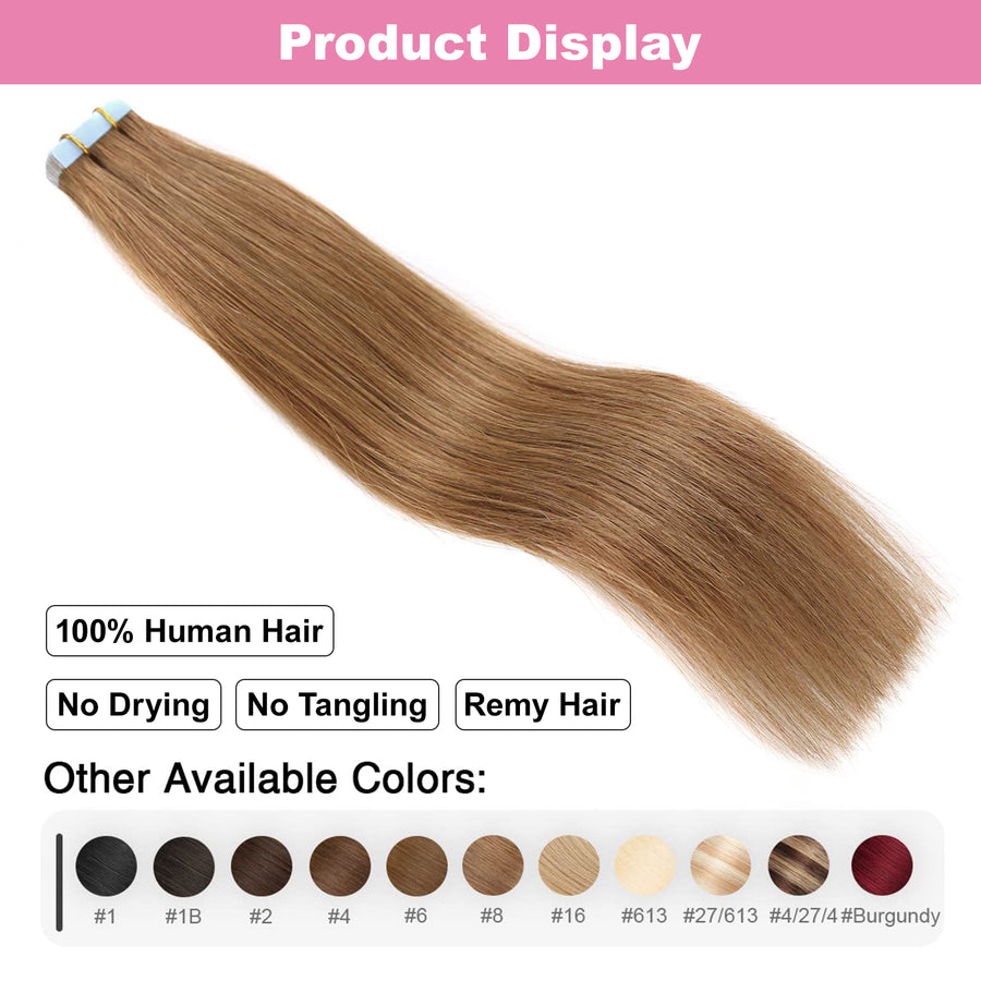 Light Brown (#8) Tape-In Hair Extensions | 20Pcs