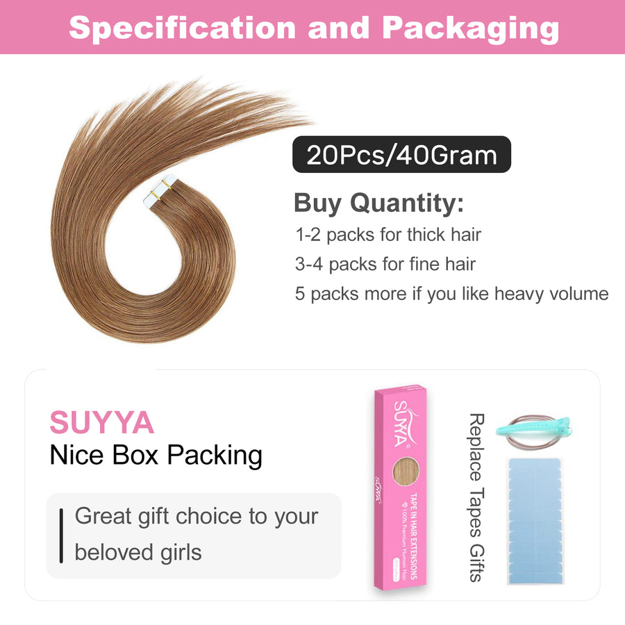 Light Brown (#8) Tape-In Hair Extensions | 20Pcs