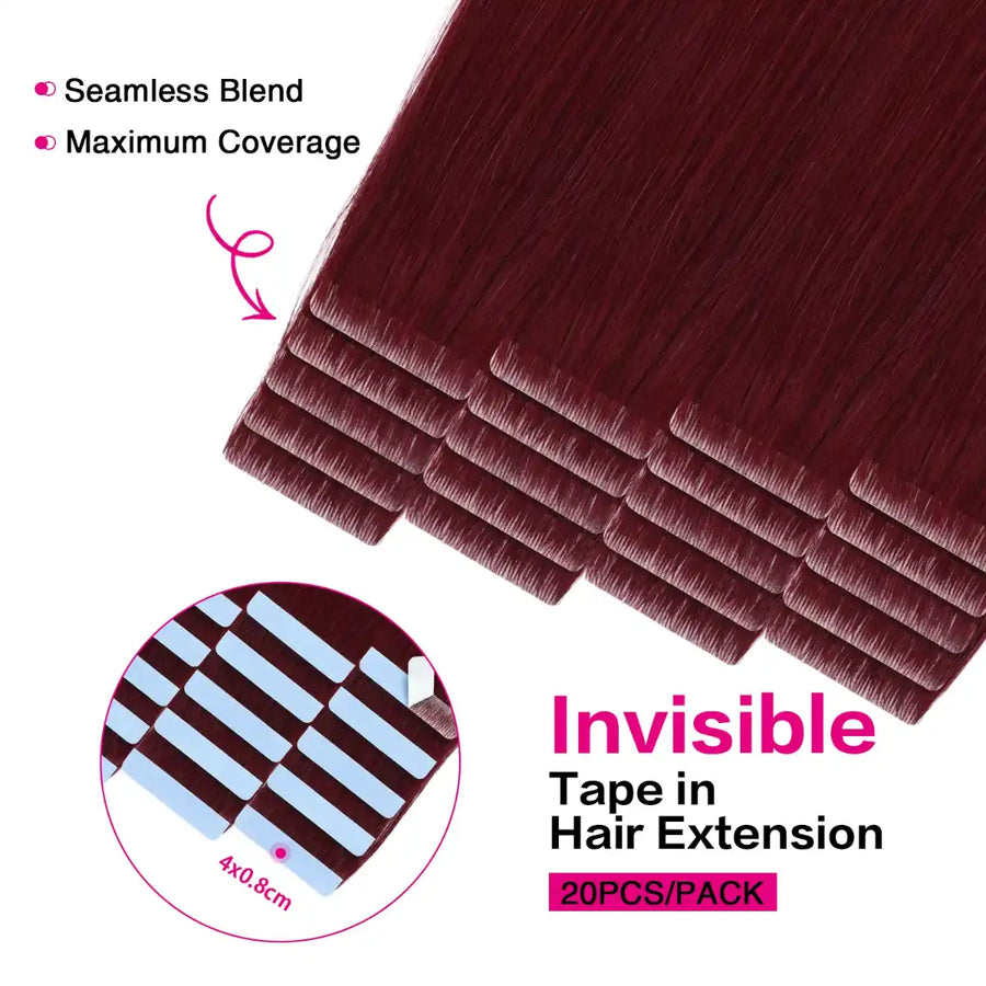 SUYYA Invisible Tape ins Remy Human Hair Extensions Burgundy (#99J) 20Pcs